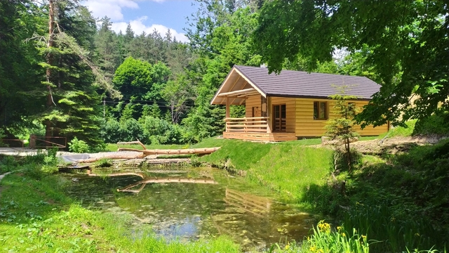 Bieszczady - Domek nad stawem. Widok na staw i domek od strony południowej.