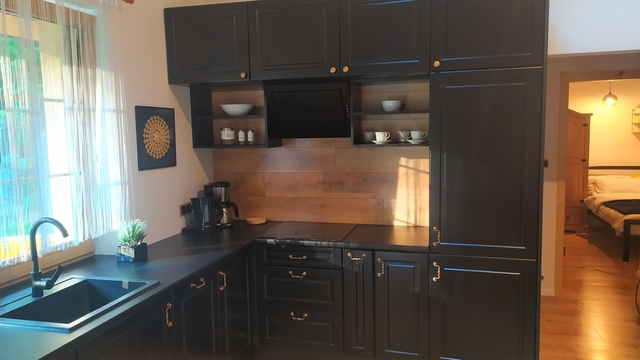 Widok na kuchnię oraz przejście do sypialni.