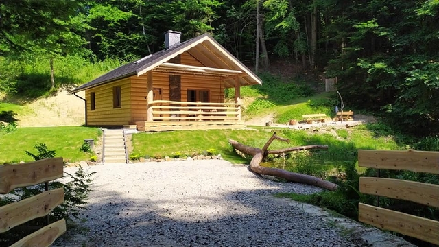 Bieszczady - Domek nad stawem - Wjazd na działkę. Otwarta drewniana brama i widok na domek.