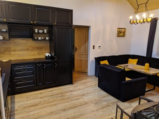 Widok na otwartą kuchnię i salon.