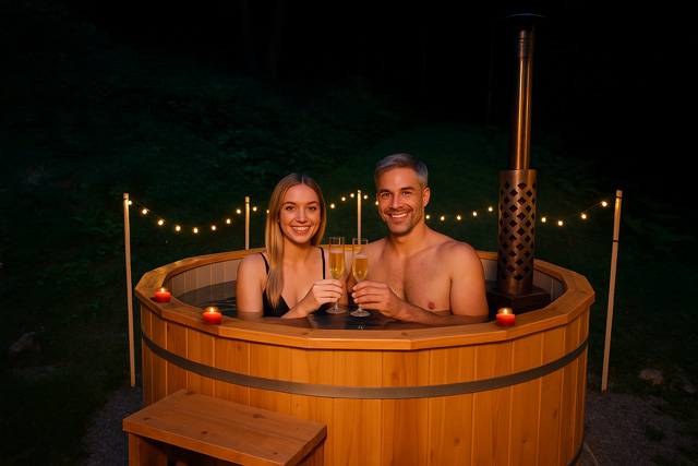 Bieszczady - Domek nad stawem - nocne zdjęcie domku z promieniami światła wylatującego przez okna.
